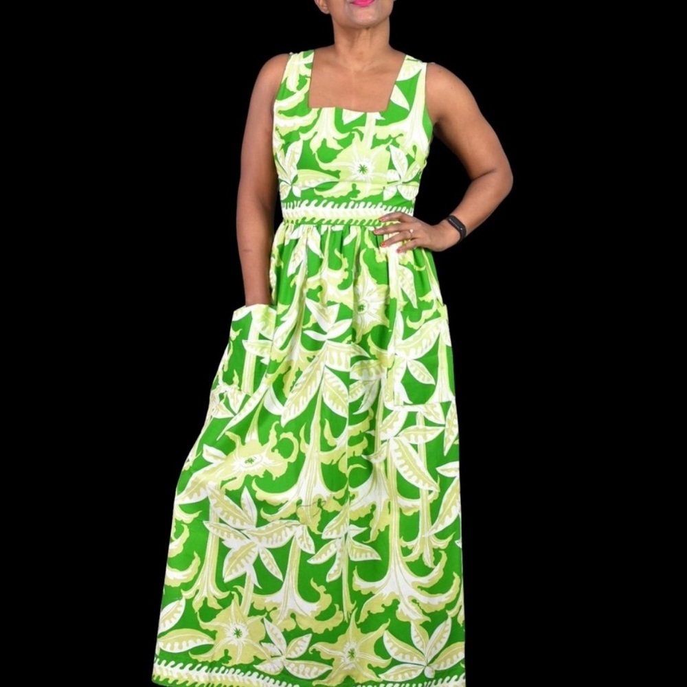 Vintage Ruth Clarage Dress Green Cotton Floral Hand Print Maxi Pockets 60s Small